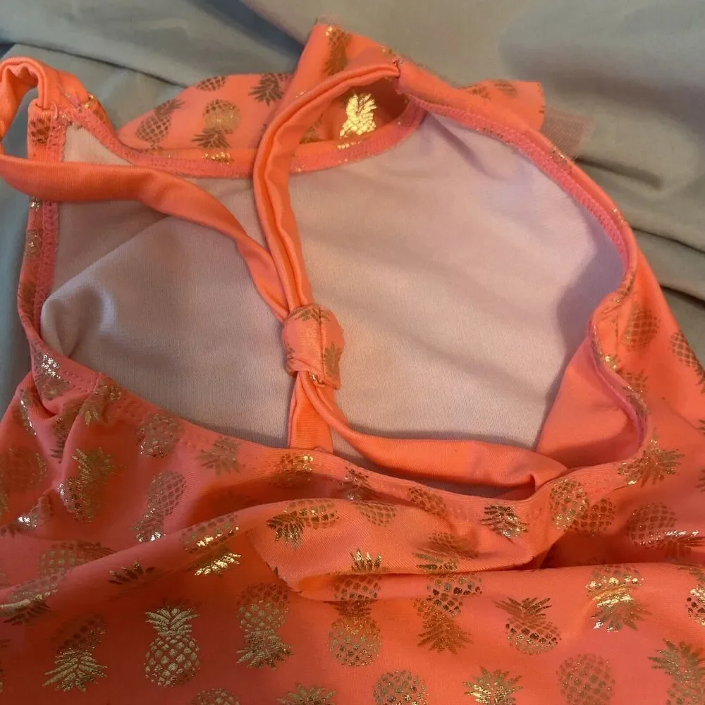 Real Love Coral 2-Piece‎ Girls Size 4T Swimsuit W/Metallic Gold Pineapple Design